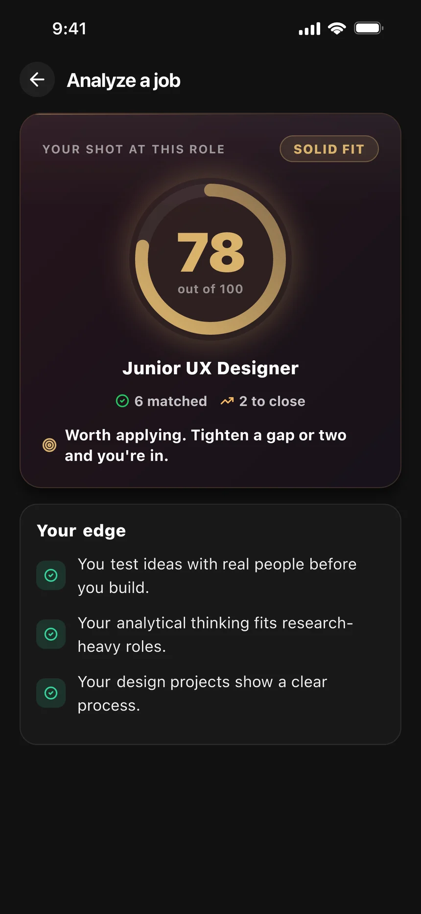 The PathPro AI job analyzer: a 78 out of 100 fit for a Junior UX Designer role, a solid fit.