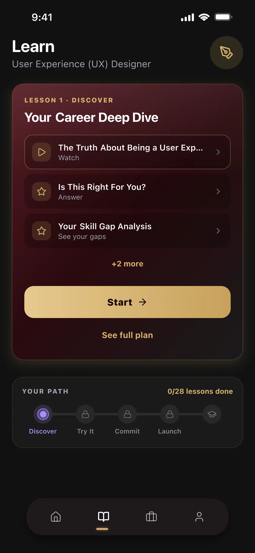 The PathPro AI learning plan: today’s lesson and the four stages, Discover, Try It, Commit and Launch.