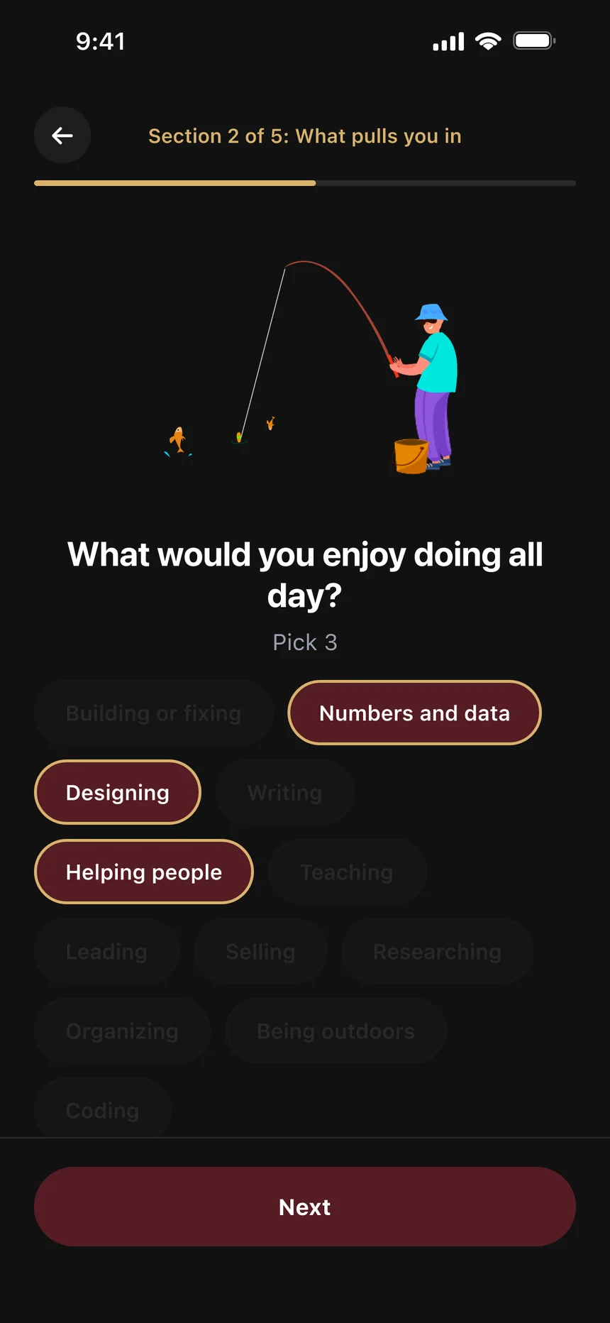 A PathPro AI question: What would you enjoy doing all day? Numbers and data, Designing and Helping people are picked.